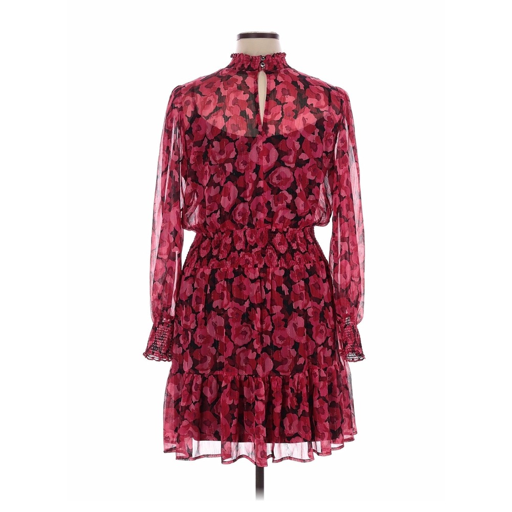 Floral Smocked Sheer Ruffled Mini Dress Red Pink Mock Neck Long Sleeve Tiered S